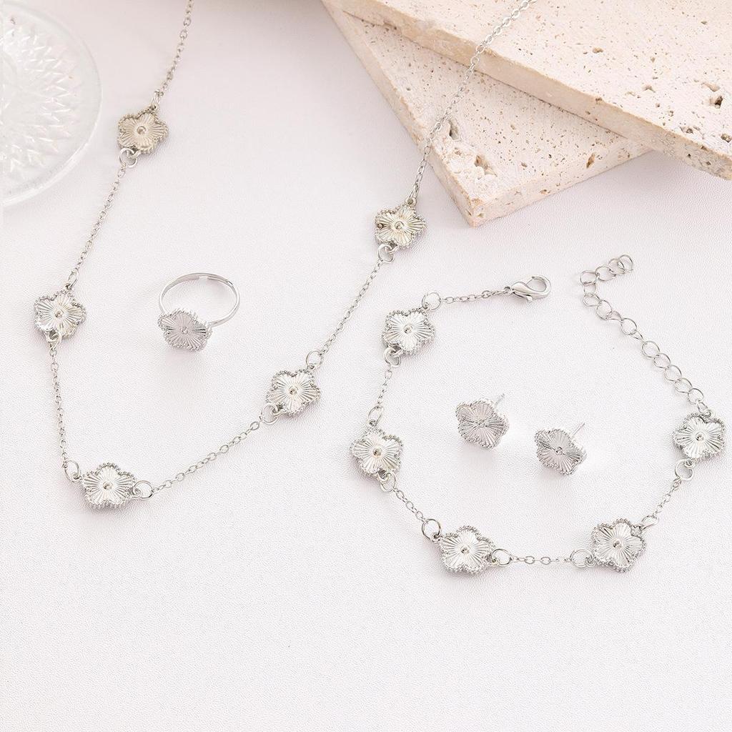Lucky Five-Leaf Clover Jewelry Set: Necklace, Bracelet, Earrings, and Ring – Elegant European & American Style for Women