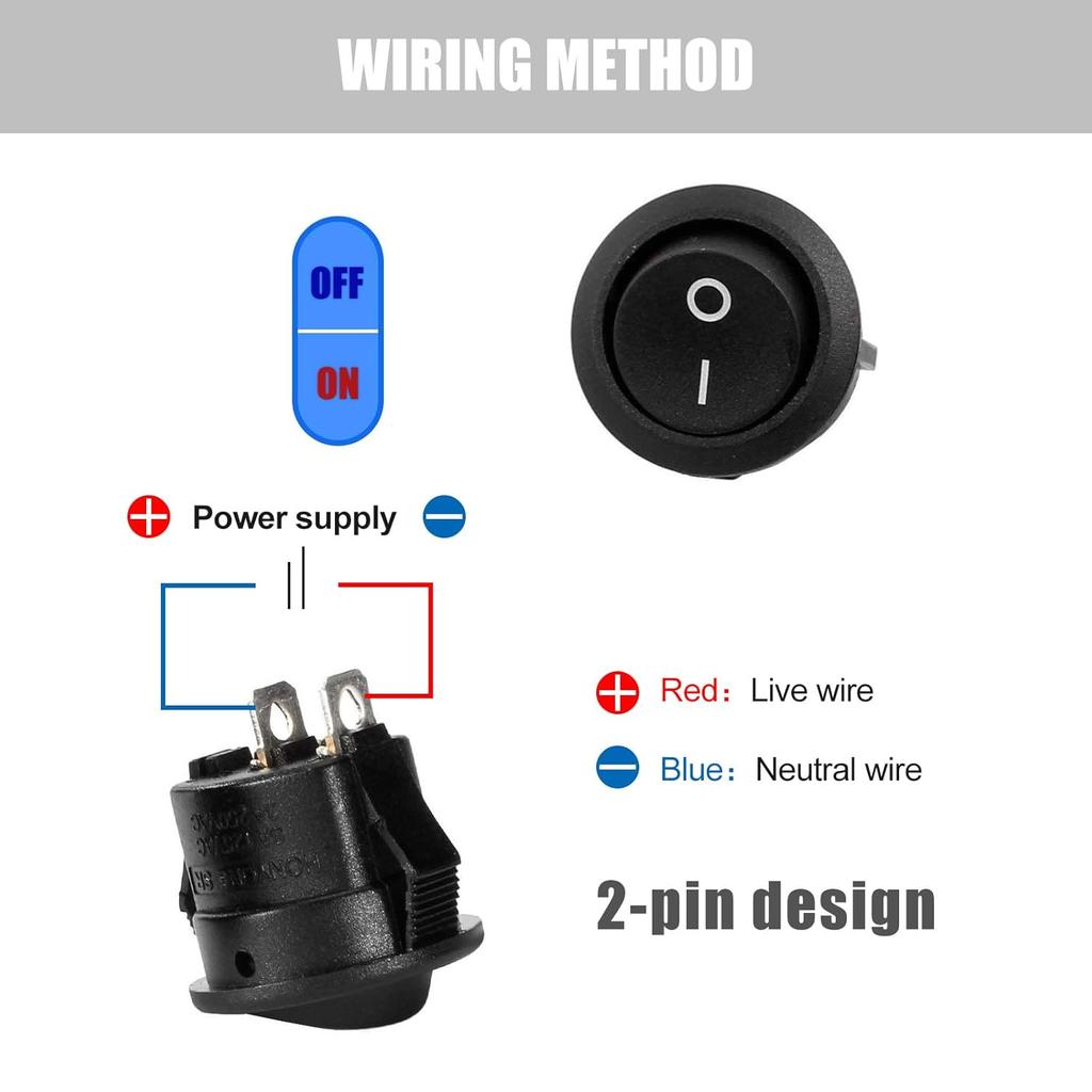 10/20Pcs Rocker Switch Black On Off 2 Pin Mini Round Toggle Switch 3A 250V 6A 125V 15MM Circle Switches for RV Car Truck Boat