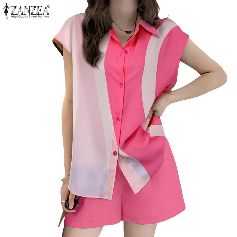 ZANZEA Women Print Shirt and Shorts Summer Two Piece Suit Sets