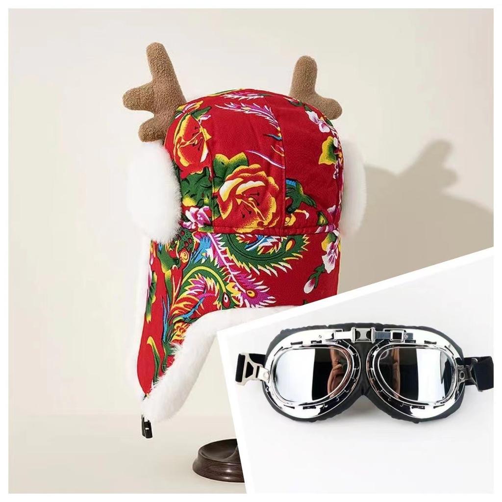 New antlers, big flower Lei Feng hat in the three eastern provinces, women's winter warm ear protection, ethnic wind plush thickened warm and cold hat