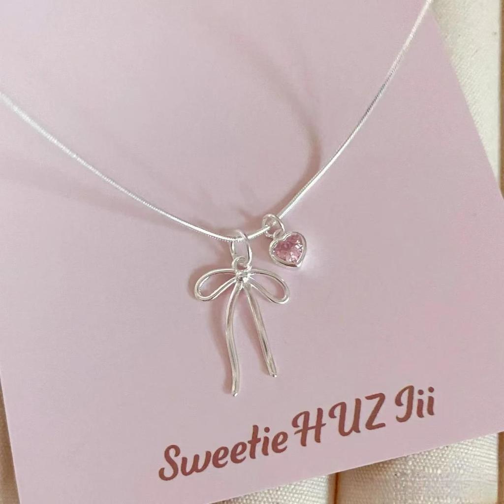 S925 Sterling Silver Heart Bow Necklace for Women - Luxury 2024 Pink Diamond Clavicle Pendant