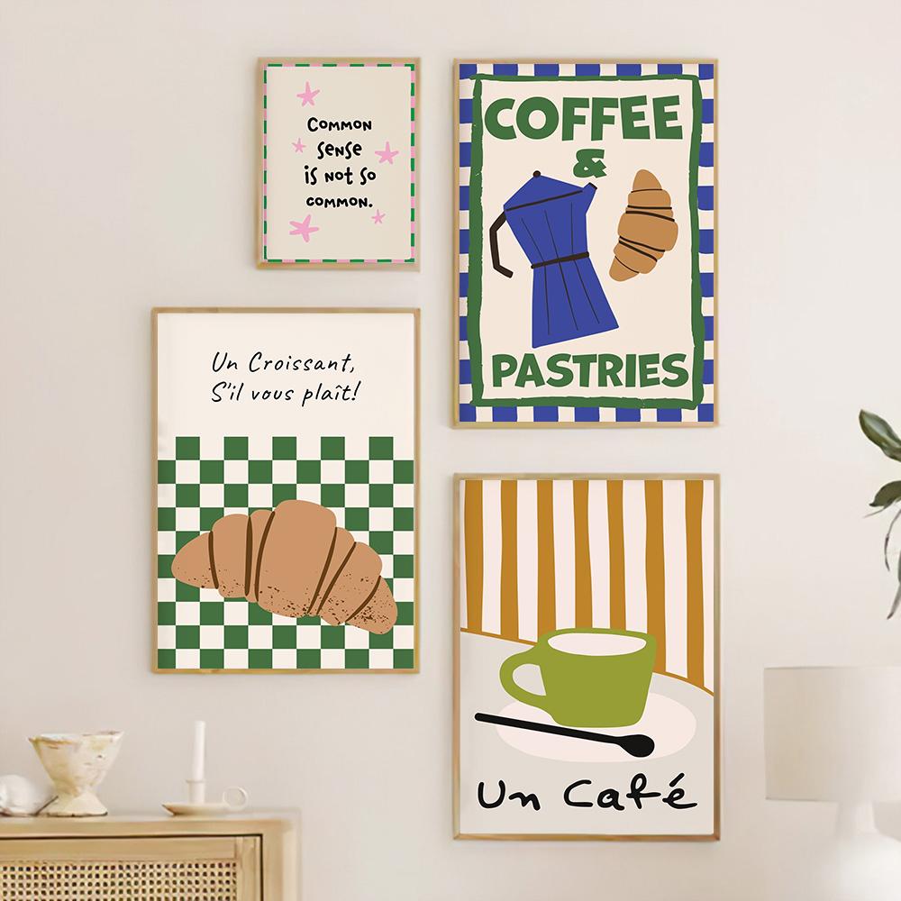 Farbiges Food Art Zitat Poster Kaffee und Gebäck Club Leinwand Wandbilder Dinnerparty Küchenbilder für Wohnzimmer Café Heimdekoration