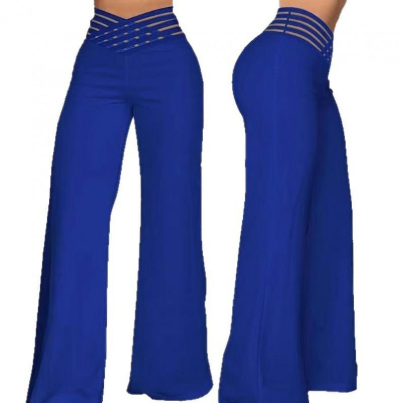 Womens High-Waisted Wide-Leg Pants With Cutout Waistband Casual Office Trousers Stretchy Loose Fit