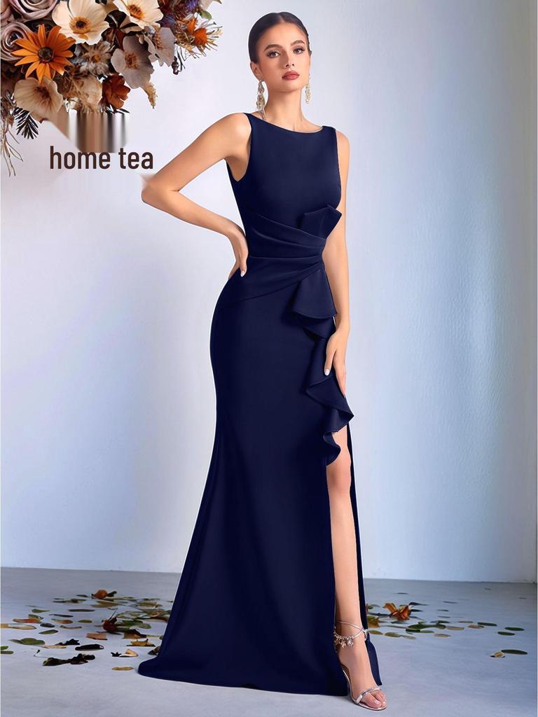 Elegancka europejska i amerykańska długa suknia wieczorowa z plisami w talii - Moda high-end dla pań