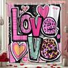 Love Graffiti Shower Curtain Mixed Patterns with Hearts and Leopard, Fun Feminine Bath Curtain for Teen Girls and Romantic Decor
