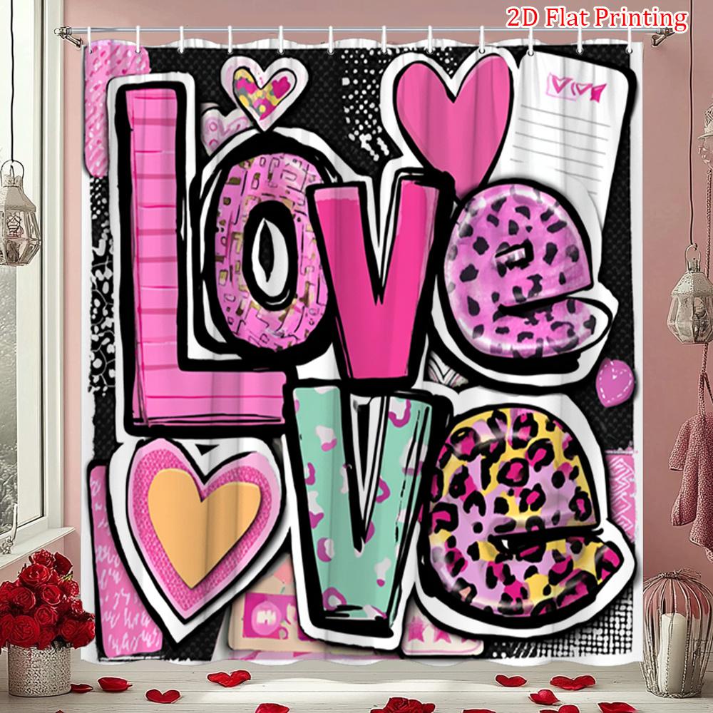 Love Graffiti Shower Curtain Mixed Patterns with Hearts and Leopard, Fun Feminine Bath Curtain for Teen Girls and Romantic Decor