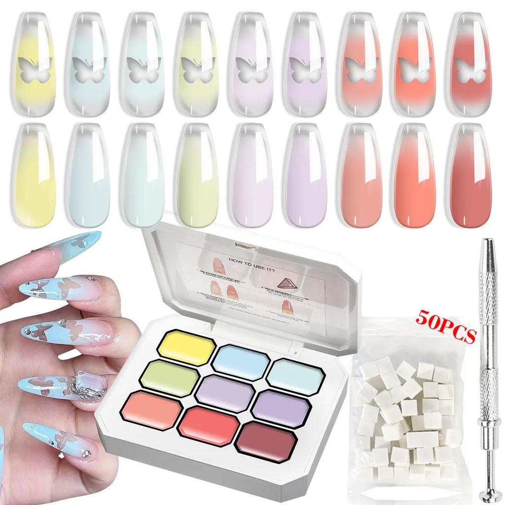 LIMEGIRL 7IN1 Gradient Painting Gel Kit 9 Grid Gradient Color Solid Nail Polish with 50pcs Sponge Nail Art DIY Color Gel Kit