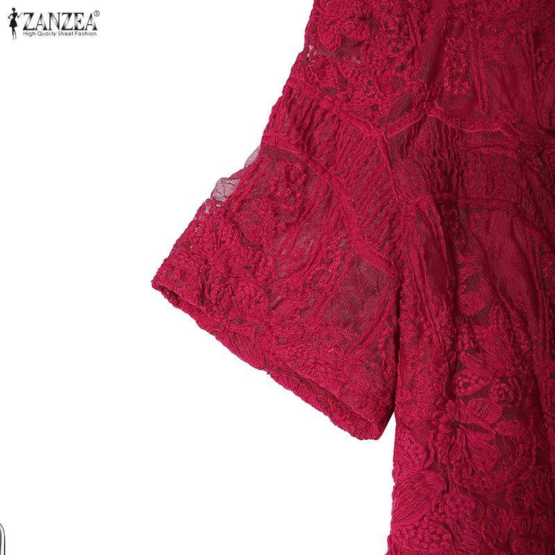 ZANZEA Women Elegant Hollow Lace Patchwork Casual Short Sleeve Dress