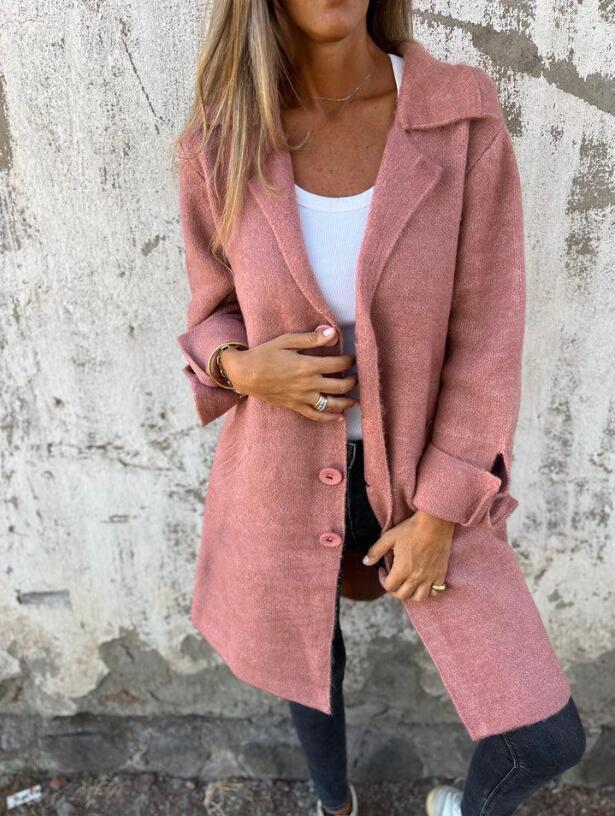 2024 Autumn/Winter Women's Mid-Length Cardigan: Solid Color, Turn-Down Collar, Pockets, Single-Breasted Design.