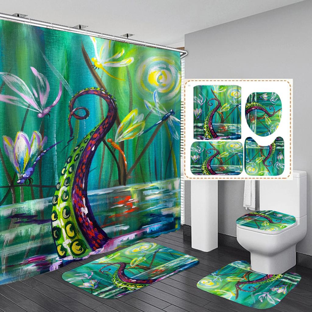 Ocean Monster Octopus Print Shower Curtain Set Waterproof Bathroom Curtain Set With Rugs Toilet Cover Mat For Bathroom Decor