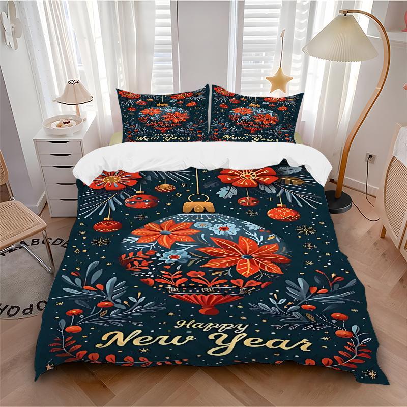 3pcs Happy New Year Festive Decorative Bedding Set, Includes One Quilt Cover and Two Pillowcases (No Core), Anime Cartoon Design, Polyester Fabric