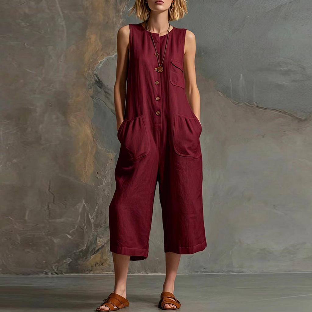 Women's Fashionable Color Button Sleeveless Pocket Casual Retro Wide Leg Seven Part Jumpsuit