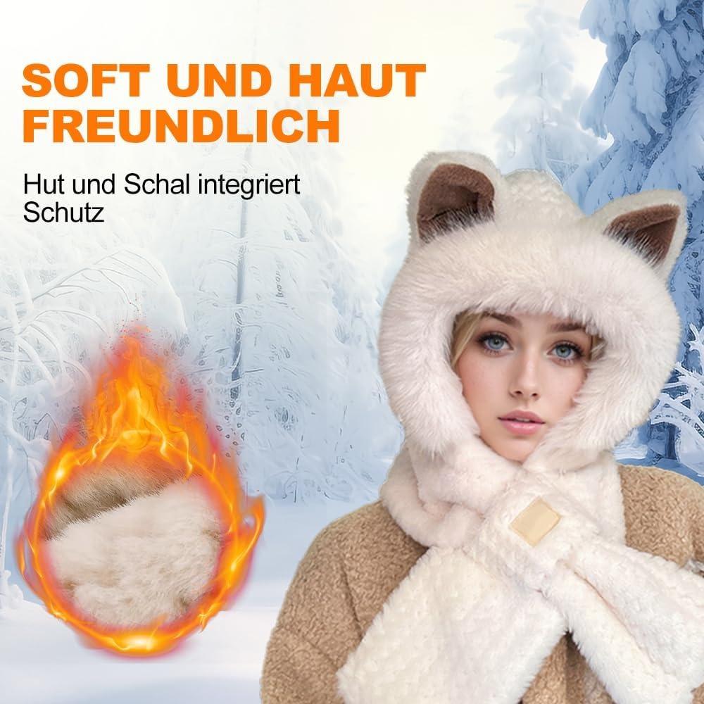 Cute Fox Ears 2-in-1 Hat and Scarf, 2026 New Winter Cold Resistant Hat Face Mask Hooded Scarf, Women's Winter Hooded