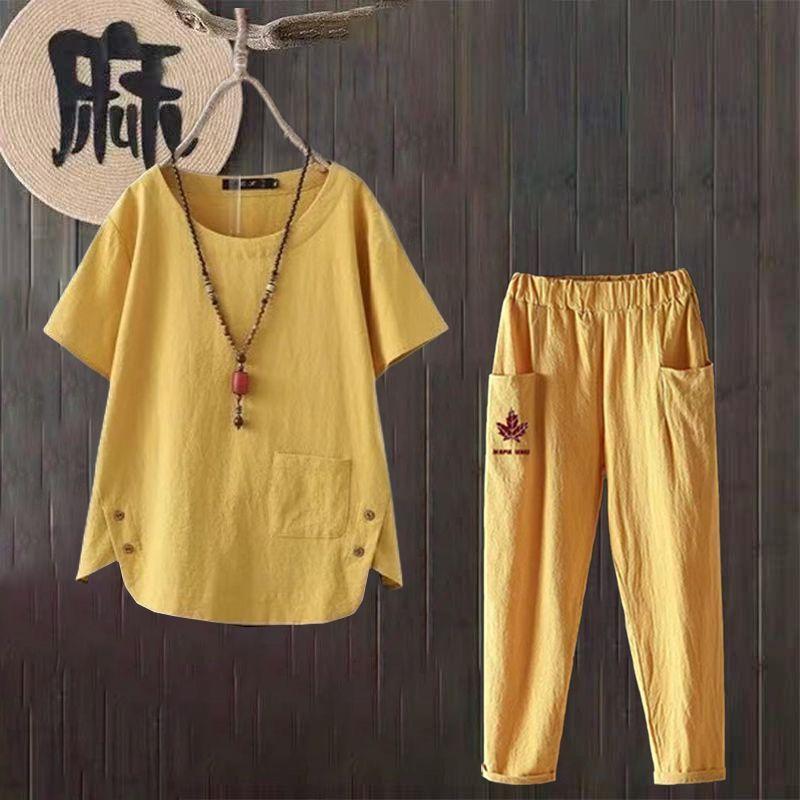 2pcs Cotton Linen Pants Suits Summer Women's Round Neck Cotton Linen Blouse Elastic Waist Cotton Linen Harem Pants Two-Piece Set Casual  Outfits