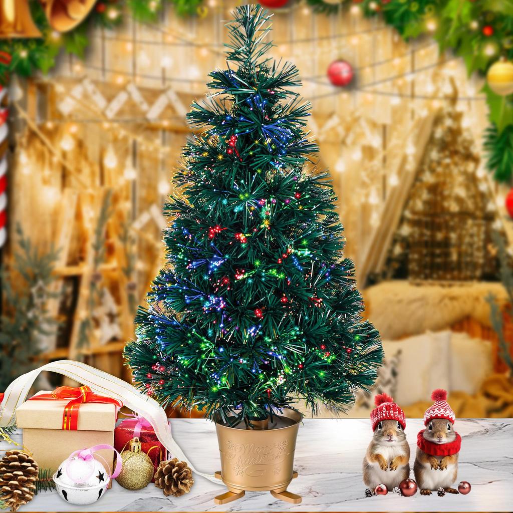 24 Inch Green Pre-lit Mini Fiber Optic Tabletop Artificial Christmas Tree with LED Lights Gold Base Xmas Table Top Tree
