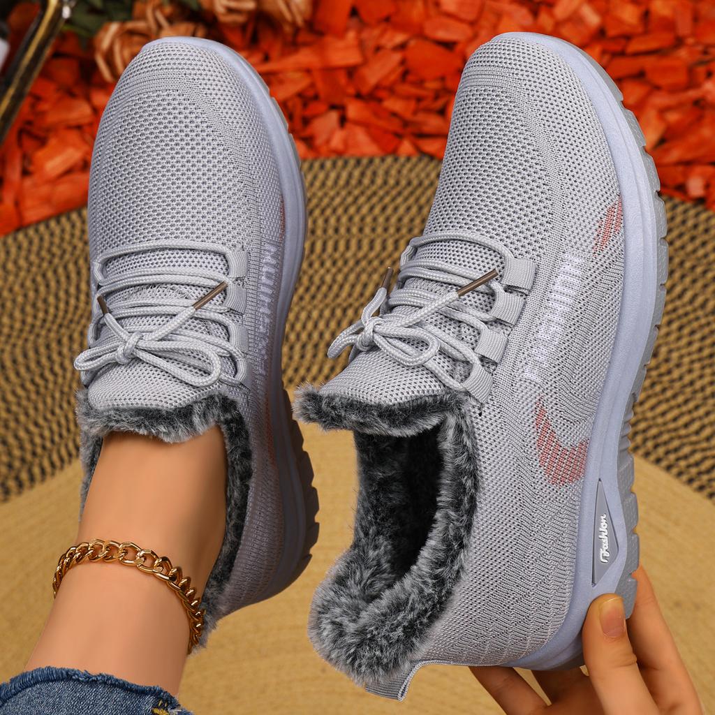 Women Winter Fleece Lined Fly Woven Mesh Sneakers, Soft Sole Warm Casual Walking Sports Shoes