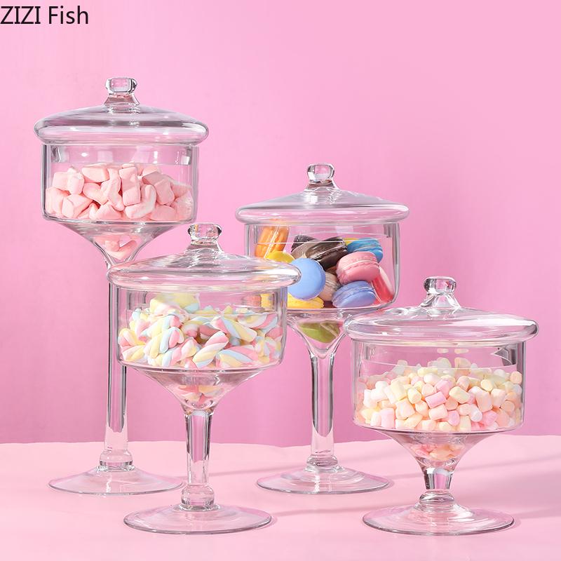 Alzata per torta in vetro trasparente con coperchio, barattolo per caramelle con coperchio in vetro, espositore per dessert da matrimonio, contenitore per caramelle per la casa