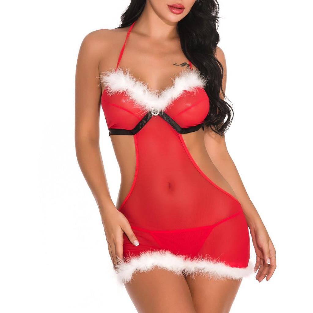 European & American Sexy Red Christmas Lingerie Lace Pajama Set - Deep V Stage Costume