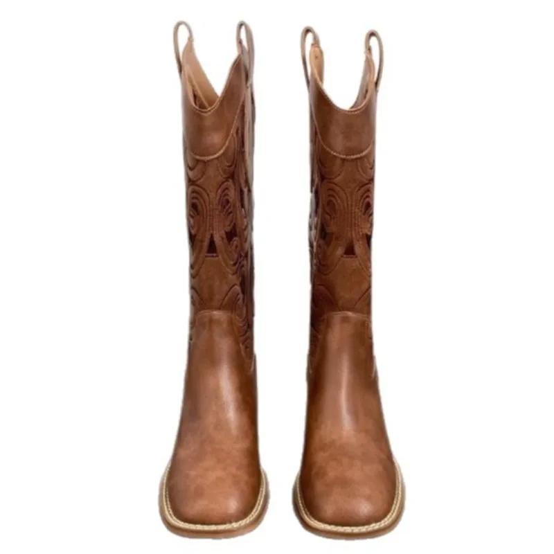 Fashion Hollow Embroidered Vintage Western Boots Women  Autumn Chunky Heels Knee High Cowboy Boots Woman Pu Leather Knight Booties