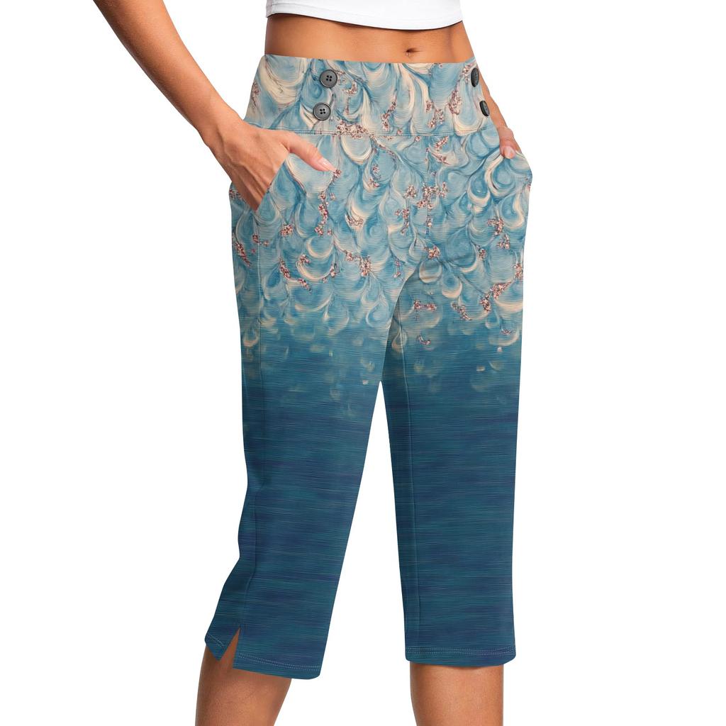 Women's Vintage Floral Print Button Pocket Trousers Slit High Waist Sports Yoga Casual Pants