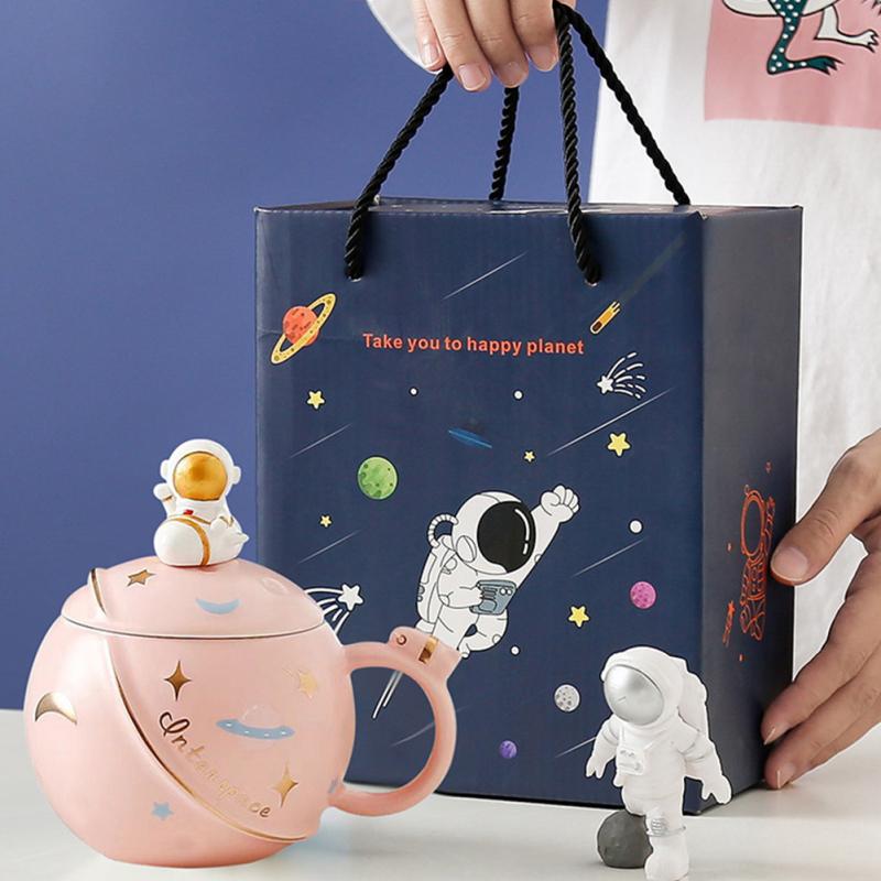 450 ml niedliche Keramik-Astronauten-Tasse, große Kapazität, Cartoon-Wassertasse mit Deckel, Löffel für Kaffee, Tee, Milch