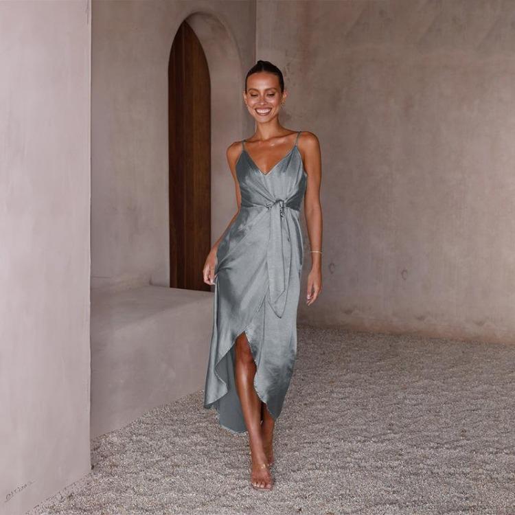 Elegant High Waist Backless Spaghetti Strap V Neck Ankle Length Solid Dress for Women with Design Sense