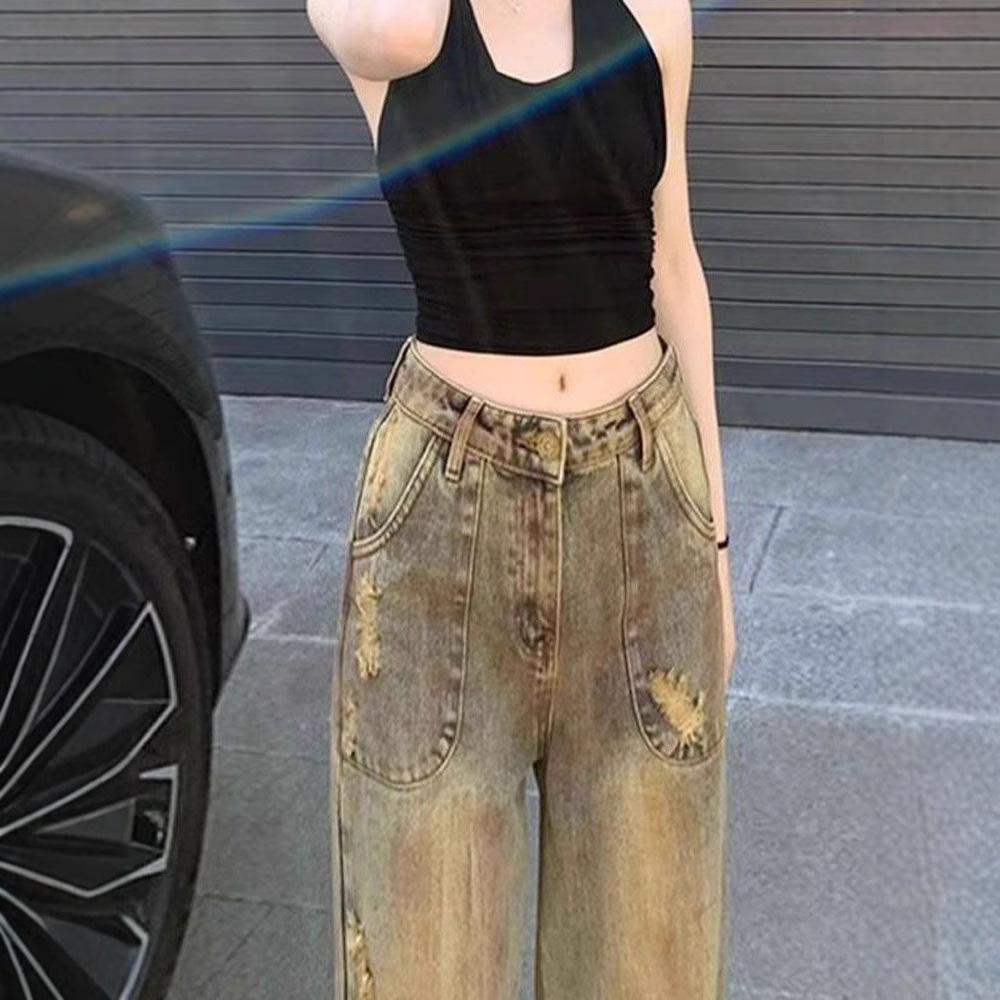 Comfortable Done Old Broken Holes Jeans Women Skinny Drag Floor Wide Leg Straight Straight Trousers Long Trousers Jeans for Women Long Denim Pants
