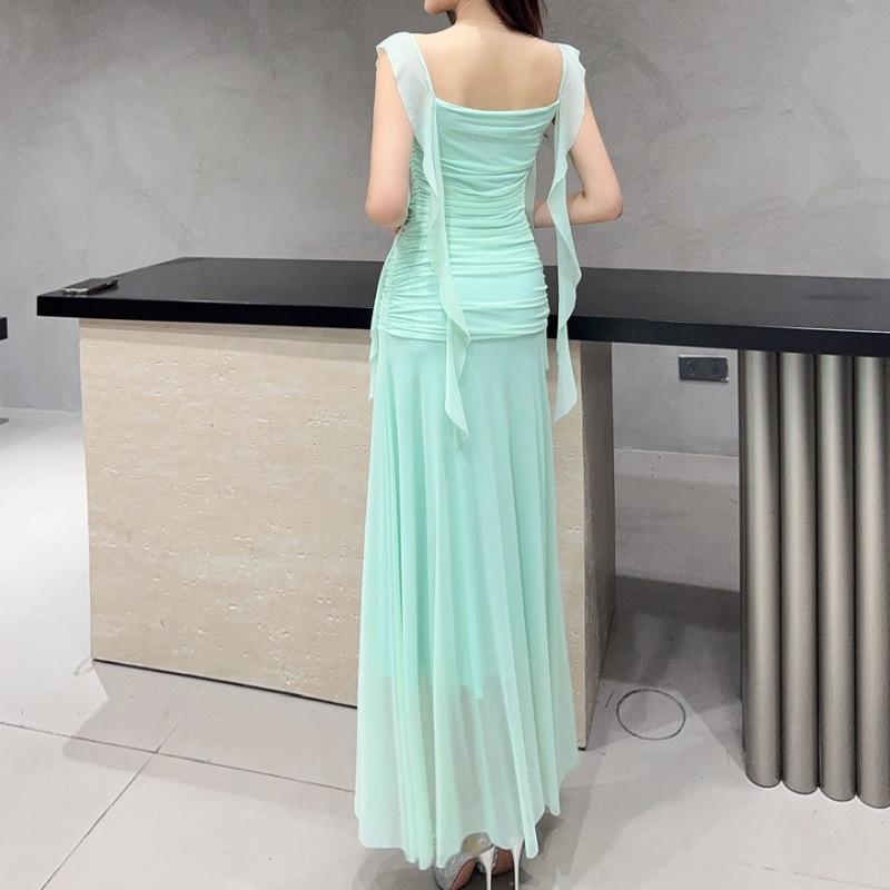 Elegant French Fairy Mesh Camisole Maxi Dress - Travel, Resort, Pleated, Cinched Waist, Hip-Hugging Mermaid Style for Women.