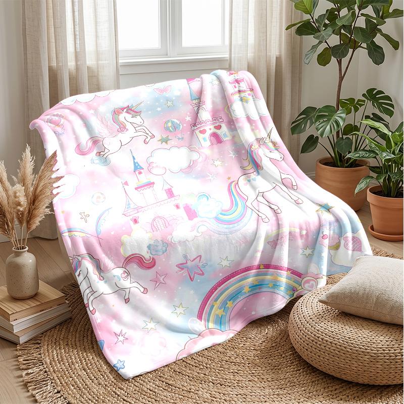 Fantasy Unicorn Castle Theme Blanket Lightweight Warm Flannel Blanket Decorative Throw Blanket for Home Decoration
