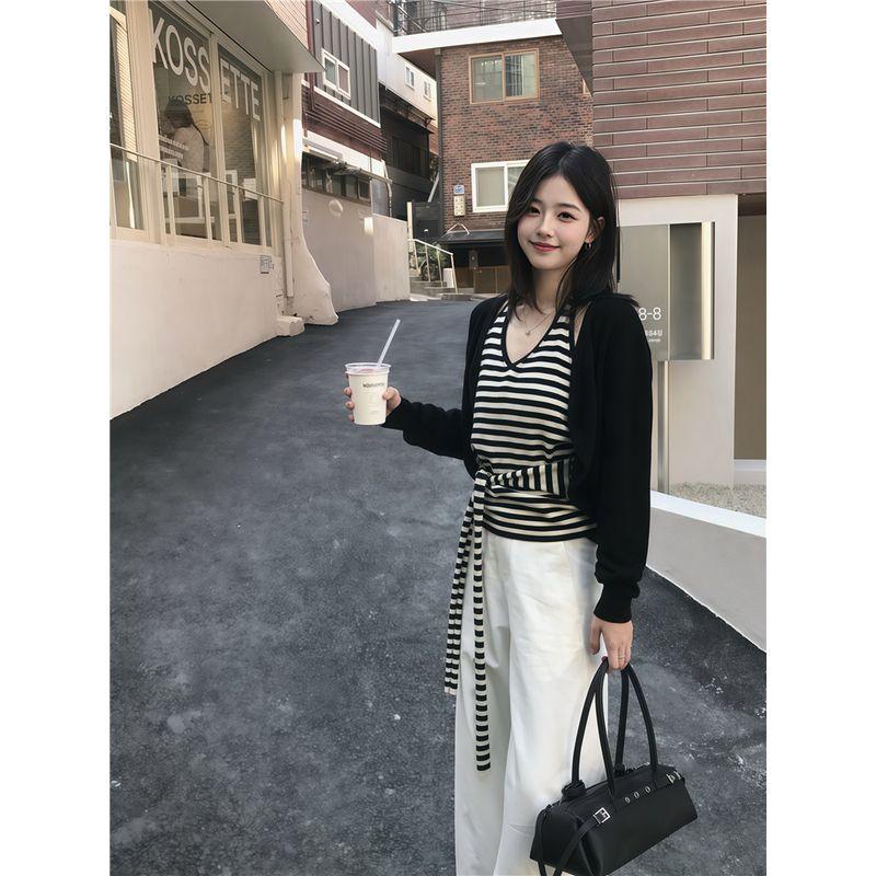 Kumikumi Design Sense Black Long sleeve Cardigan Inner wear Halter Top Women Autumn Slimming Casual Pants Three-Piece Suit