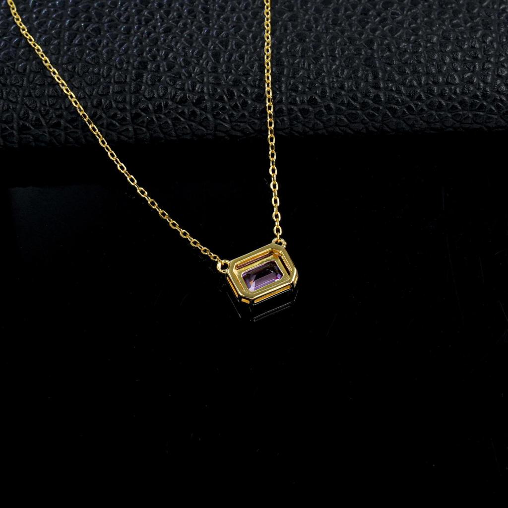 European Style S925 Sterling Silver Women's Pink Sapphire Necklace with Emerald Cut and Simple Four-Prong Setting