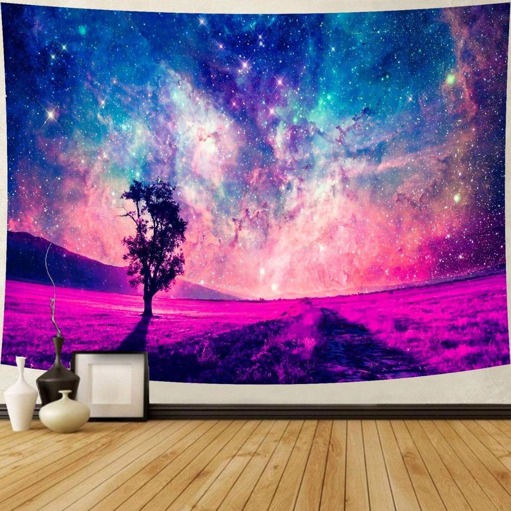 Delur Mountain Tapestry Boho Moon Stars Starry Night Tapestry Wall Hanging Forest Tree Nature Landscape Psychedelic Headboard Fo
