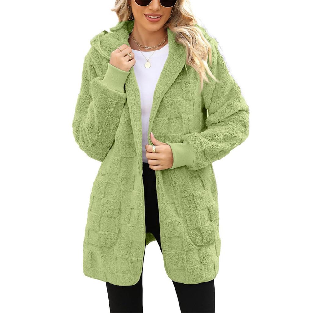 Women's Fashionable Solid Color Long Sleeved Plush Jacket, Casual Hooded Warm Cardigan Jacket With Pockets