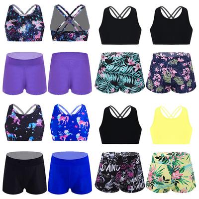 2Pcs Kids Girls Tankini Swimsuits Floral Printed Sports Suit Criss Cross Straps Tank Crop Top and Shorts Set Swimwear Beach Bathing Suits