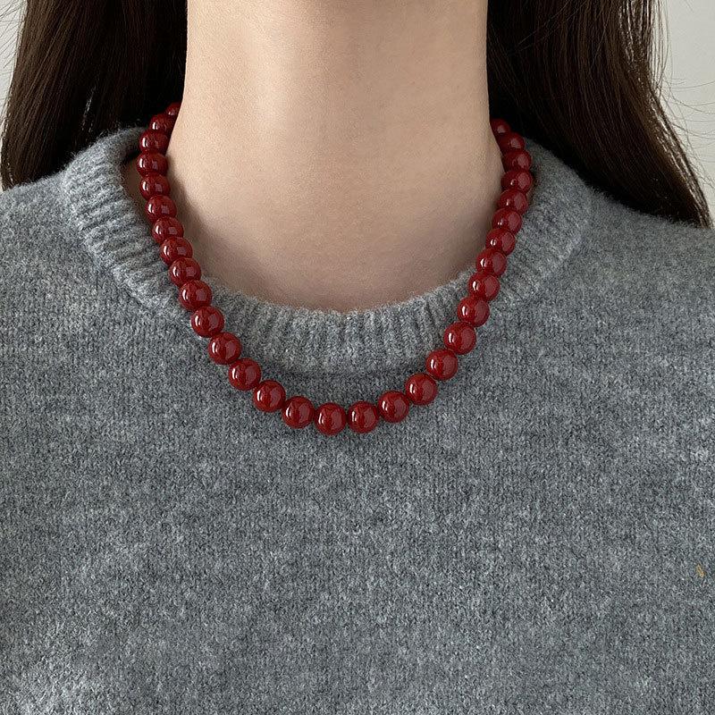 6-12mm Round Glass Red Beads Strand Beaded Necklace Choker for Women Wholesale Silver Plated Chain Chokers Jewelry New Year Gift