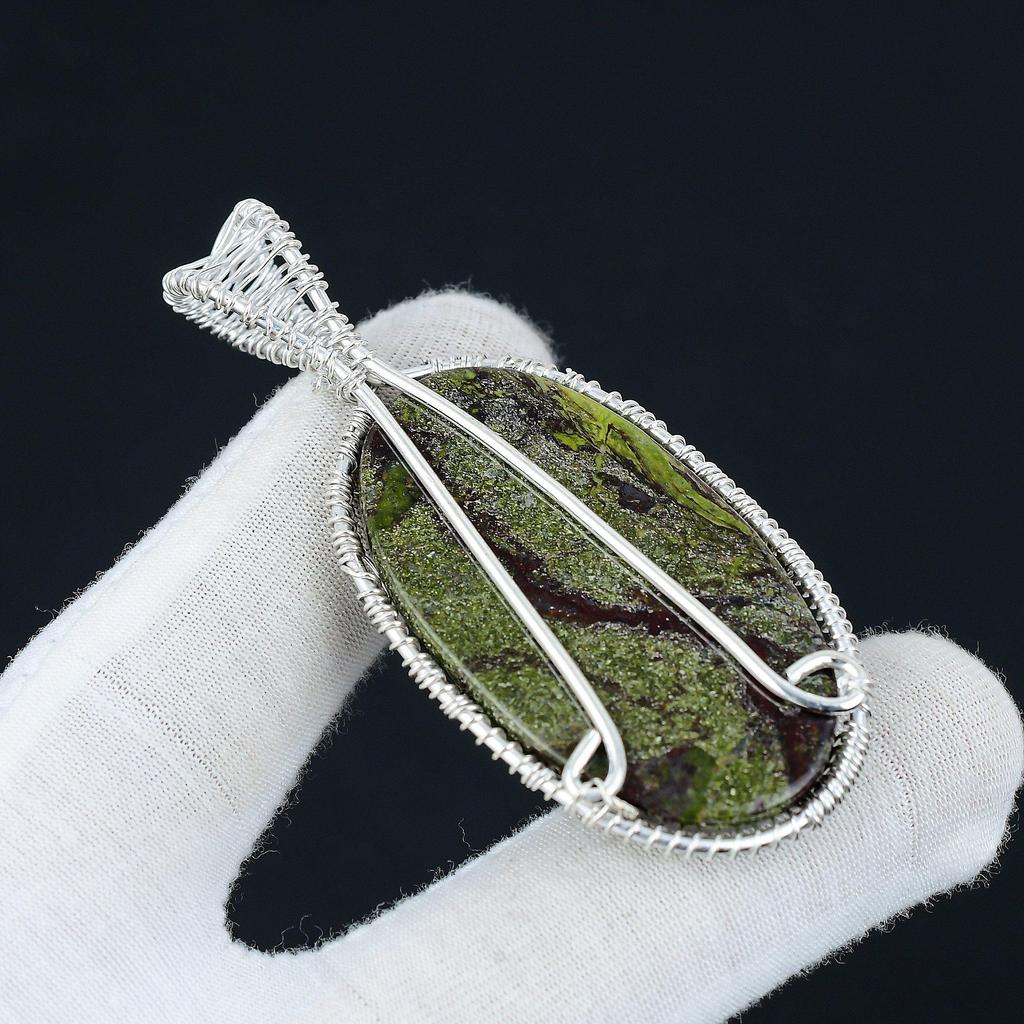 Pendentif Jaspe Sang de Dragon Pierre Précieuse Fait Main Argent Sterling 925, Bijou Enveloppé de Fil d'Argent, Bijou Arbre de Vie Enveloppé de Fil