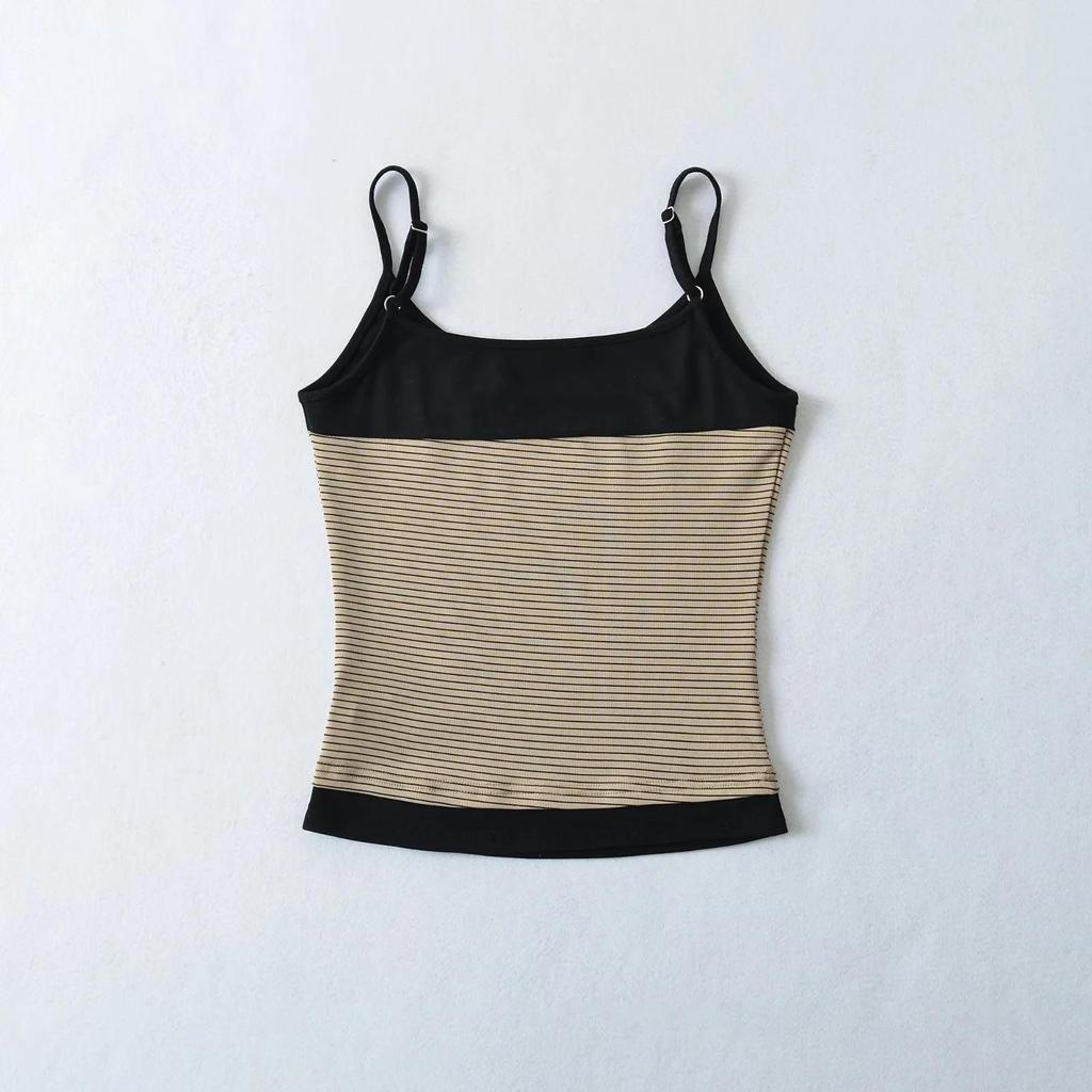 Koreanisches Farbblock-Streifen-Camisole & Hose mit Kordelzug und Schlag