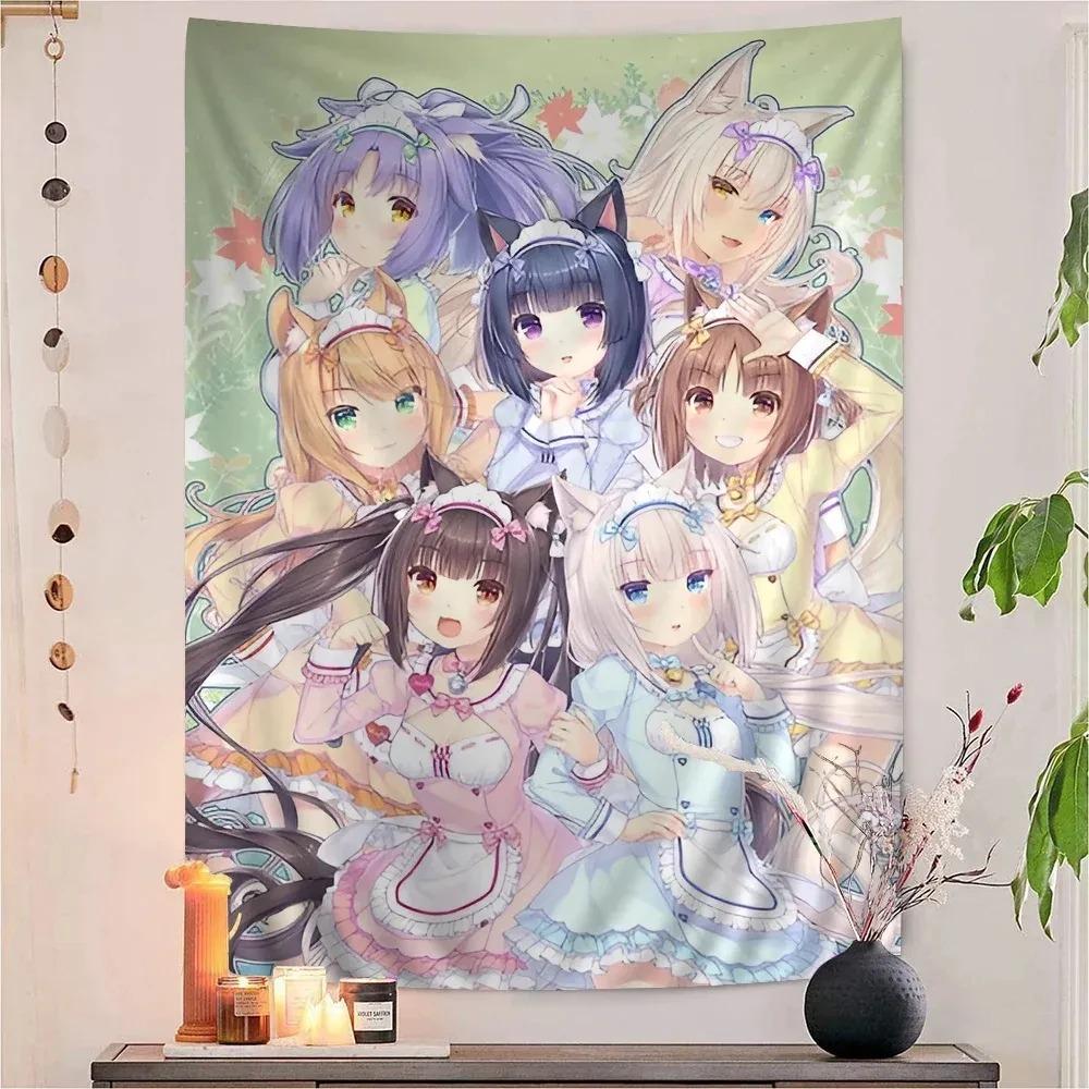 Neko Maid Tapestry, Chocola Vanilla Azuki Coconut Print Polyester Wall Hanging, Kawaii Otaku Decor For Bedroom & Living Room