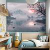 2D Cherry Blossom Lake Tapestry, Misty Sunrise Mountain Wall Art for Home Decor