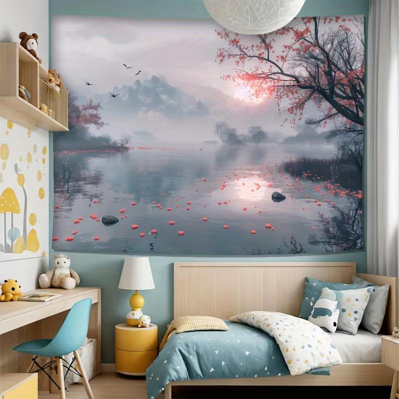2D Cherry Blossom Lake Tapestry, Misty Sunrise Mountain Wall Art for Home Decor