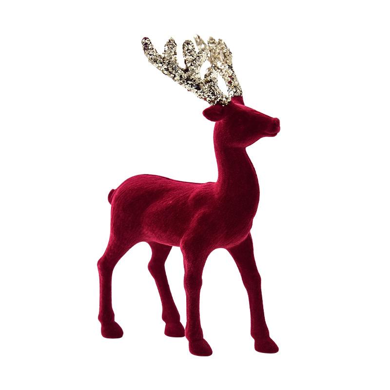 Christmas Reindeer Desktop Ornament Christmas Tree Decor Hanging Accessory Glittering Burgundy Flocked Deer Pendant Decoration