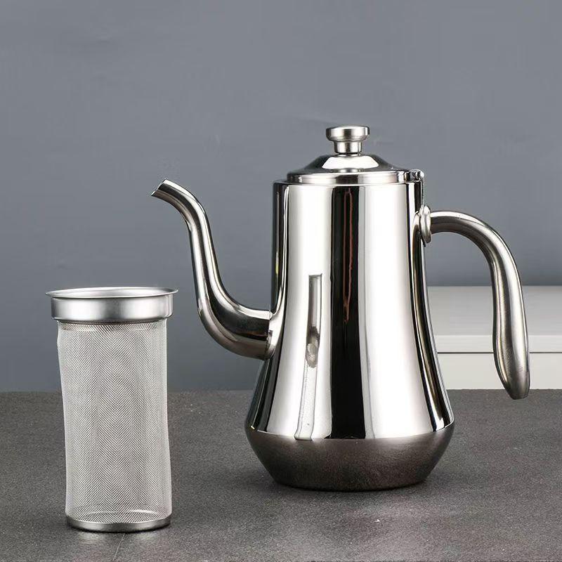 Food Grade Stainless Steel Tea Kettle, Large Capacity Long Mouth With Tea Strainer, Restaurant Teapot, Heatable Kettle, 1.5L