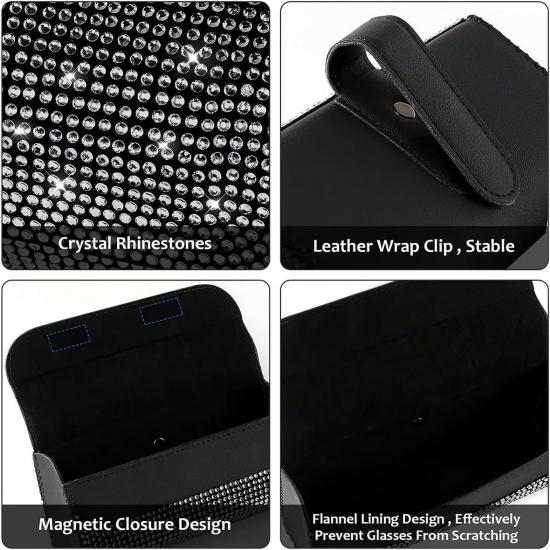 Bling Car Sunglass Holder For Sun Visor, Sparkling Crystal Leather Automotive Eyeglasses Mount Clip Organizer With Hidden Magnetic Closure For Men