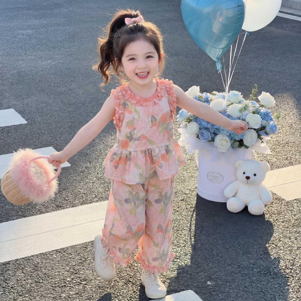 Girls' Floral Lightweight Set Baby Summer Vest Wide-Leg Pants Two-Piece Set Children'S Fashionable Summer Outfit For Toddlers