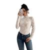 Spring Ladies Butterfly Jacquard Mesh Slim Small Standing Collar Long Sleeve T-Shirt
