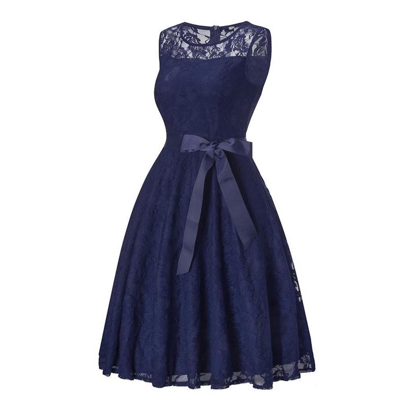 Elegant Round Neck Sleeveless Lace Stitching Retro Dress With A Large Belt And Slim Swing Skirt