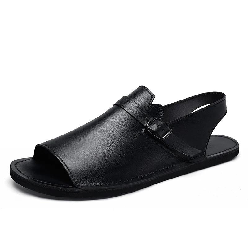 

Fashion New Summer Casual Mens Sandals Soft Comfortable Leather Slippers Non-Slip Flip Flops Formal Outdoor Beach Man Shoes Sandaly 38 чёрный