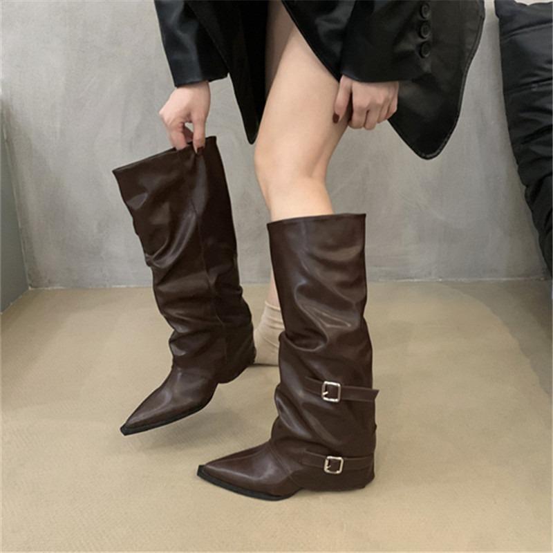 Pointed high boots children's knight boots spring and autumn single boots thick heel belt buckle pipe boots western cowboy boots