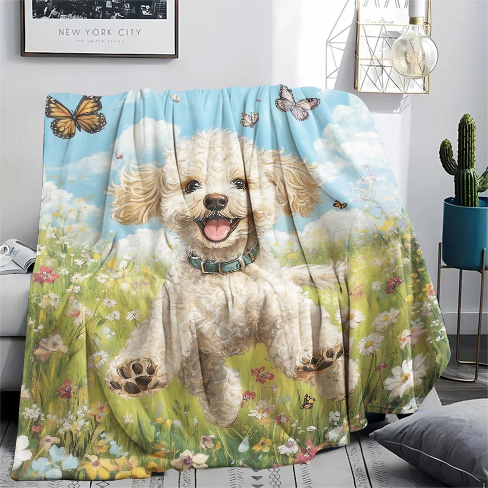 Poodle and Grass,pattern Flannel Blanket, High quality Comfortable for All Seasons, Home Decor, Warmth and Comfort, Perfect for Gifts.