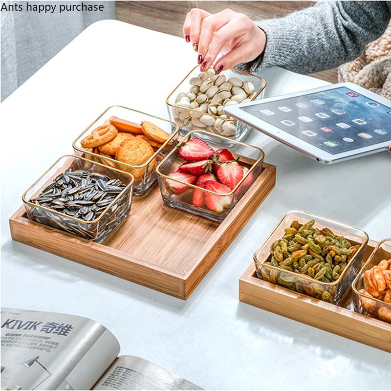 Glass Snack Platter Multi-cell Suit with Rectangular Wooden Pallet Home Square Dried Fruit Snack Bowl Fruit Plate Tableware